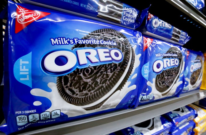 Packages of Oreo cookies line a shelf in a market in Pittsburgh on Aug. 8, 2018.