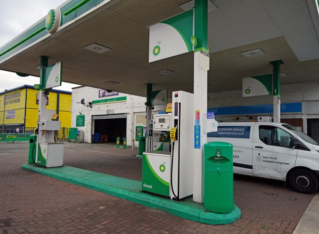 An out of use sign on a petrol pump at a BP garage on Speke Hall Road,