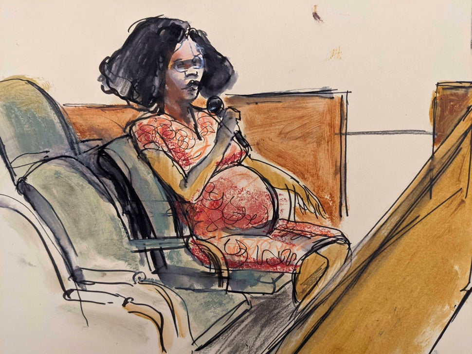 A courtroom sketch illustrates Jerhonda Pace testifying against R&B star R. Kelly during the singer's sex abuse trial on