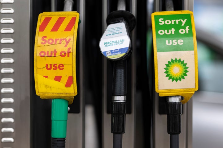 Pumps, out of action, at a BP petrol station.