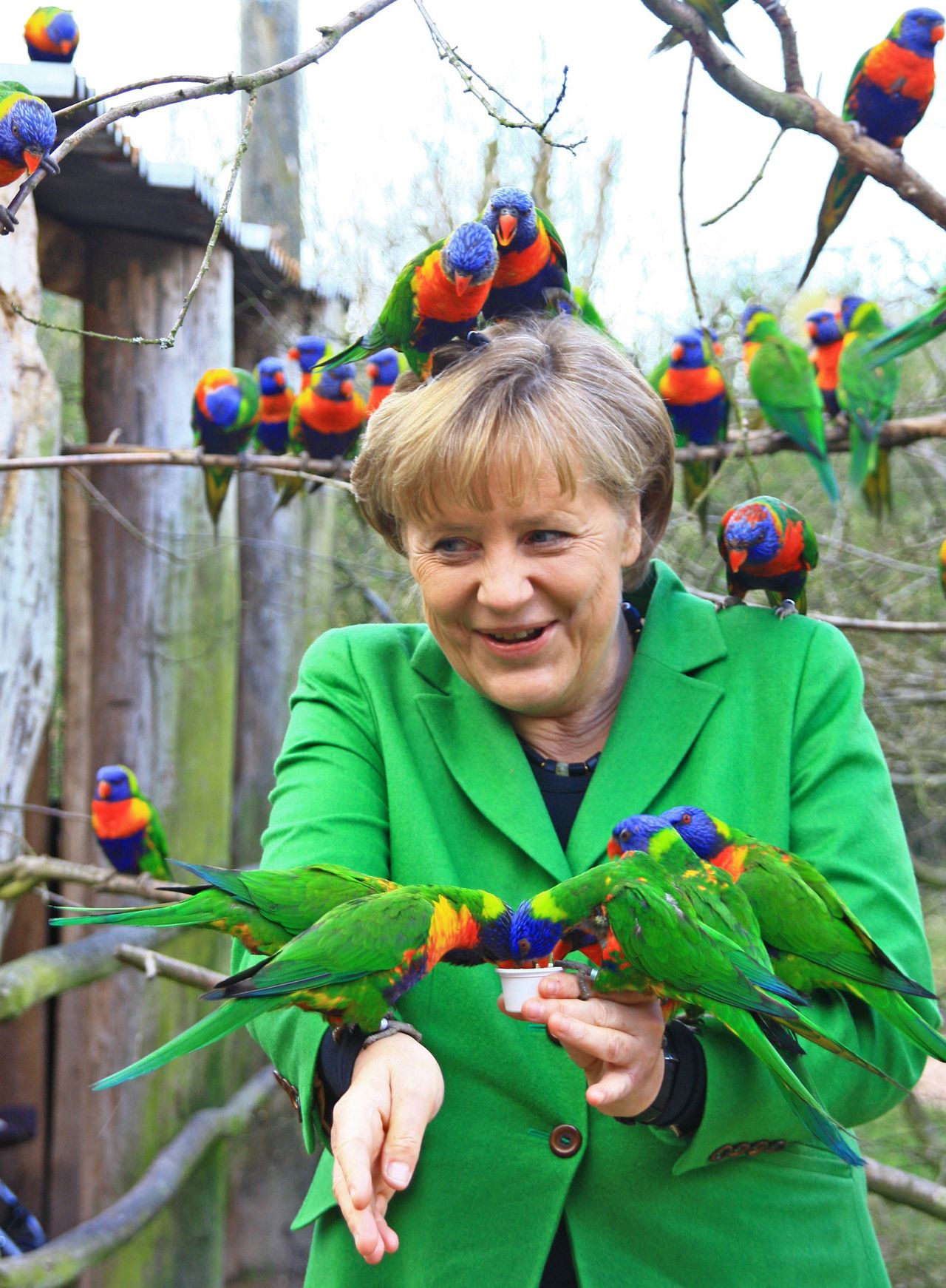 Angela Merkel in a bird park in Marlow, northern Germany on April 17, 2012