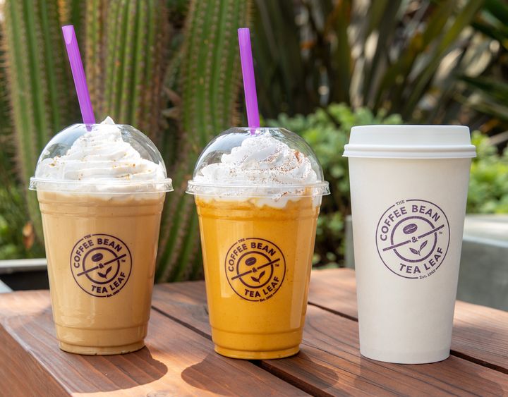 From left to right: a Cookie Butter Iced Blended Drink, Pumpkin Ice Blended Drink and Pumpkin Latte from Coffee Bean & Tea Leaf.
