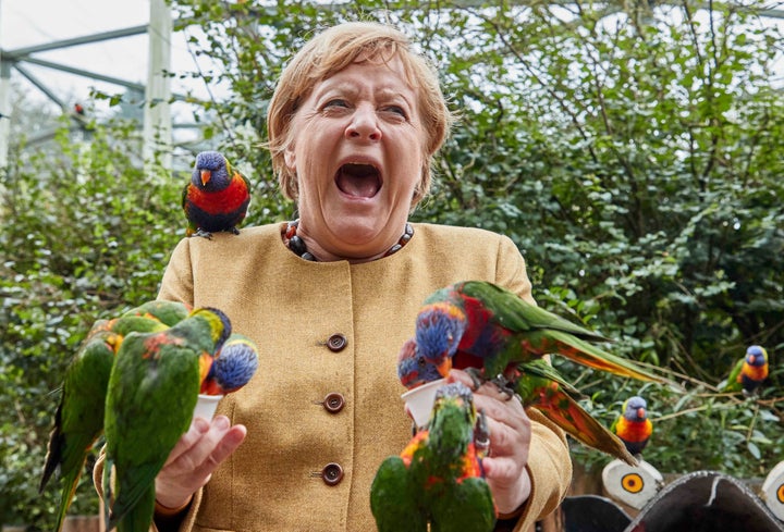 German Chancellor Angela Merkel feeds Australian lorikeets at Marlow Bird Park in Marlow, Germany, Thursday Sept. 23, 2021.(Georg Wendt/dpa vía AP)