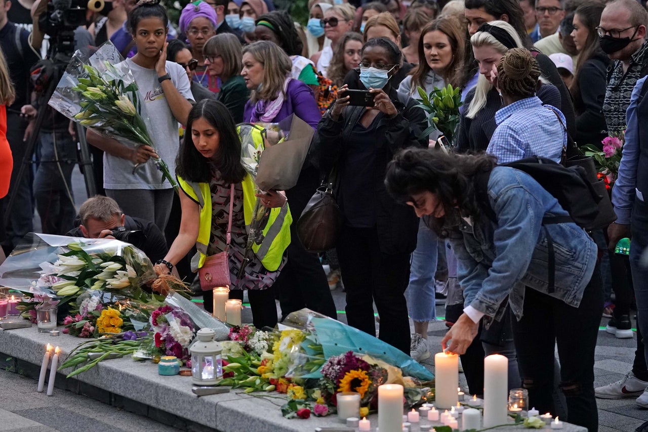 Members of the public attend a vigil in memory of Sabina Nessa, and in solidarity against violence against women, at Pegler Square in Kidbrooke, south London.