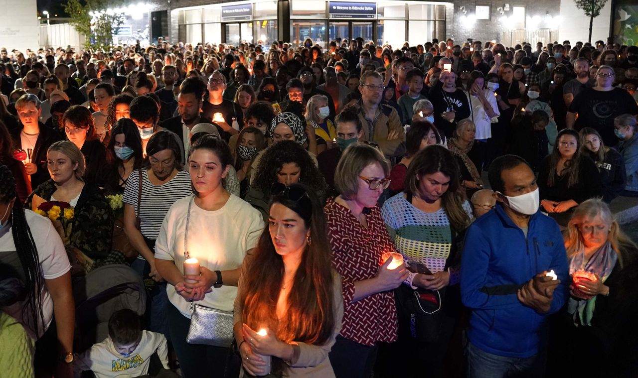 Members of the public attend a vigil in memory of Sabina Nessa, and in solidarity against violence against women, at Pegler Square in Kidbrooke, south London.
