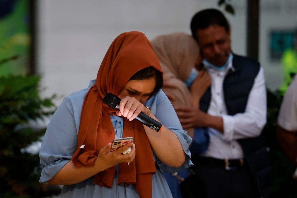 Jebina Yasmin Islam reacts as she pays tribute to her sister during the