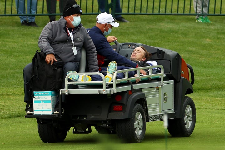 Tom Felton is taken off the course at Whistling Straits in Wisconsin after collapsing during a celebrity match ahead of the 43rd Ryder Cup.