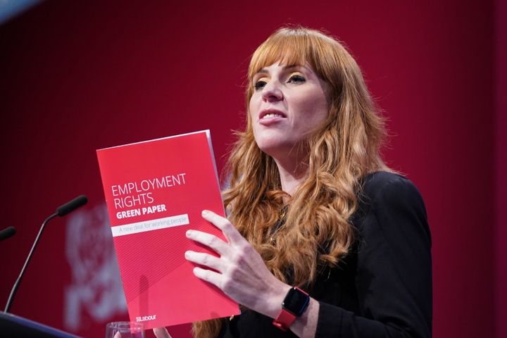 Labour deputy leader Angela Rayner speaks at the Labour Party conference in Brighton.