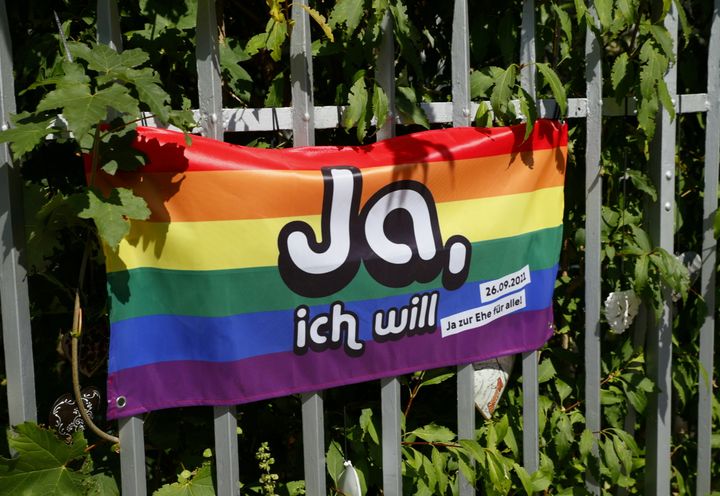  A flag is pictured ahead of a vote on same-sex marriage in Bern, Switzerland, September 8, 2021. Picture taken September 8, 2021. Flag reads: "Yes, I will". REUTERS/Denis Balibouse/File Photo