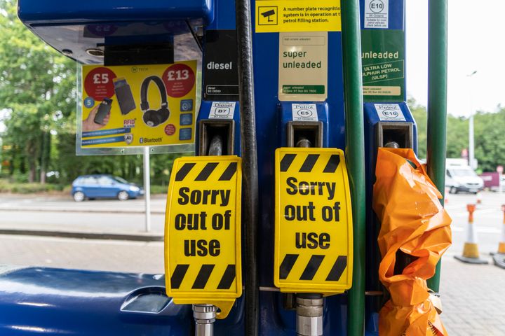 'Sorry out of use' signs at a petrol station in Bury St Edmunds