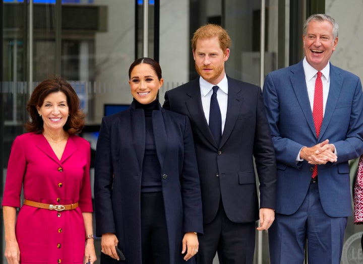 Gov. Kathy Hochul, the Duke and Duchess of Sussex, and Mayor Bill de Blasio visit One World Trade Center on Sept. 23 in New Y