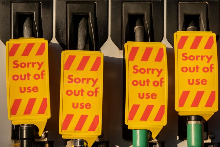 As the fuel transport crisis continues into its second week, sealed Texaco petrol and diesel pumps are covered in a closed petrol and fuel station in south London.