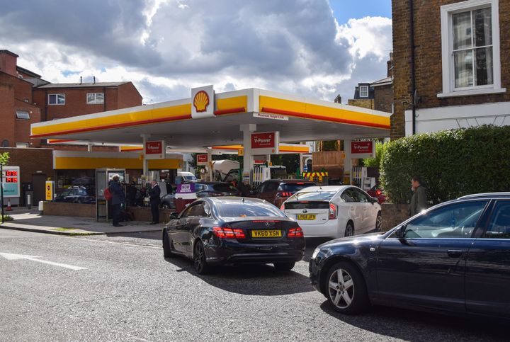 Cars queuing outside a Shell station in Camden
