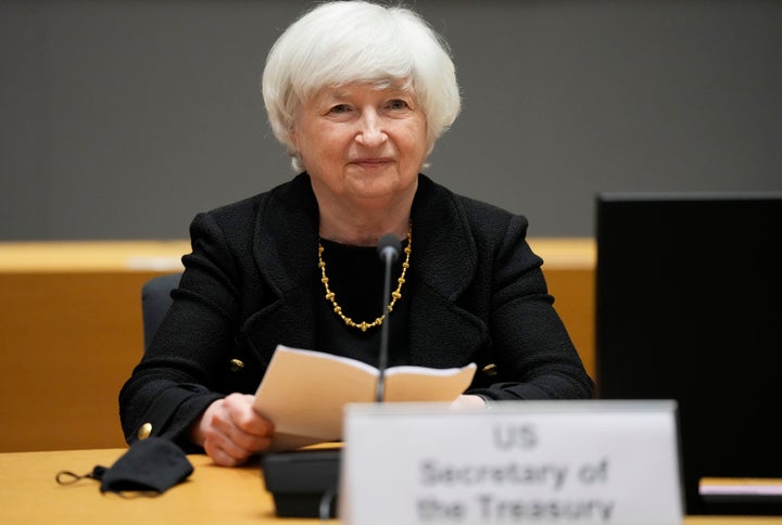 FILE - In this July 12, 2021 file photo, U.S. Treasury Secretary Janet Yellen prepares to speak during a meeting at the Europ
