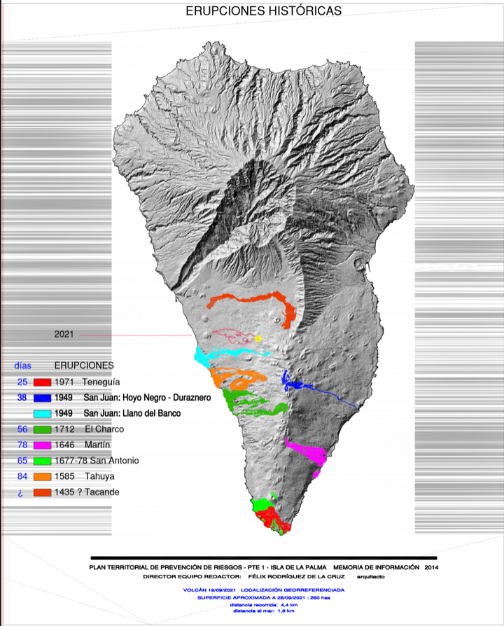 Mapa de prevención de riesgos volcánicos de La Palma con las distintas erupciones volcánicas.