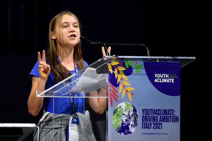 Greta Thunberg gestures during the Youth4Climate summit.