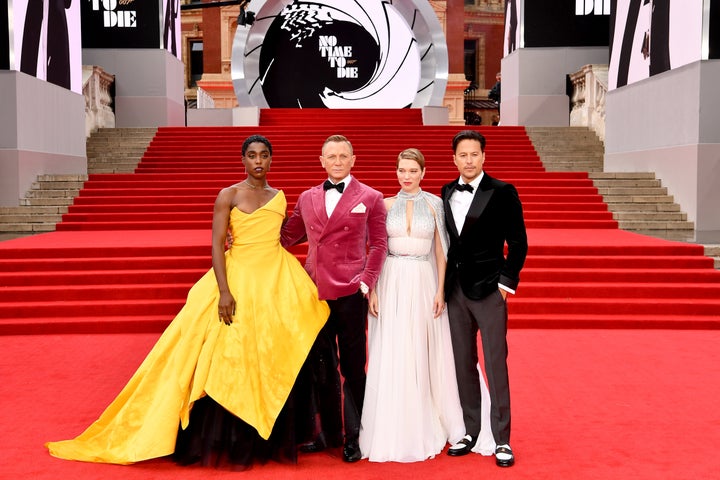 Lashana Lynch, Daniel Craig, Léa Seydoux and Cary Joji Fukunga attend the world premiere of "No Time to Die" at the Royal Albert Hall on Sept. 28 in London.