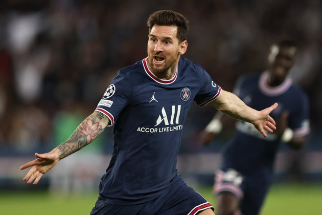 Lionel Messi célébrant son 1er but inscrit sous les couleurs du PSG, face à Manchester City en Ligue des champions, le 28 septembre 2021.