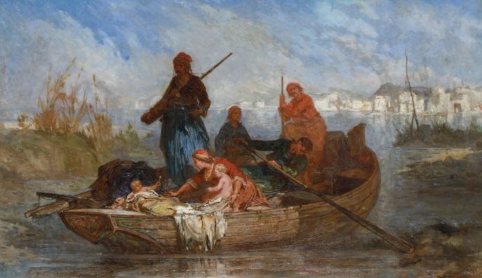 Jean Michel-Mercier (1786-1874). Πρόσφυγες από το Μεσολόγγι. Γύρω στο 1830. Λάδι σε καμβά, 37X58 εκ. Μουσείο Μπενάκη