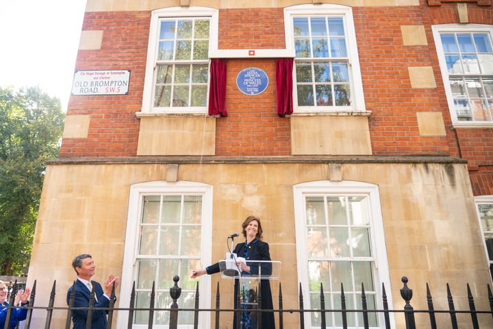 Princess Diana's former flatmate Virginia Clarke and English Heritage chairman Sir Tim Laurence unveil an English Heritage bl