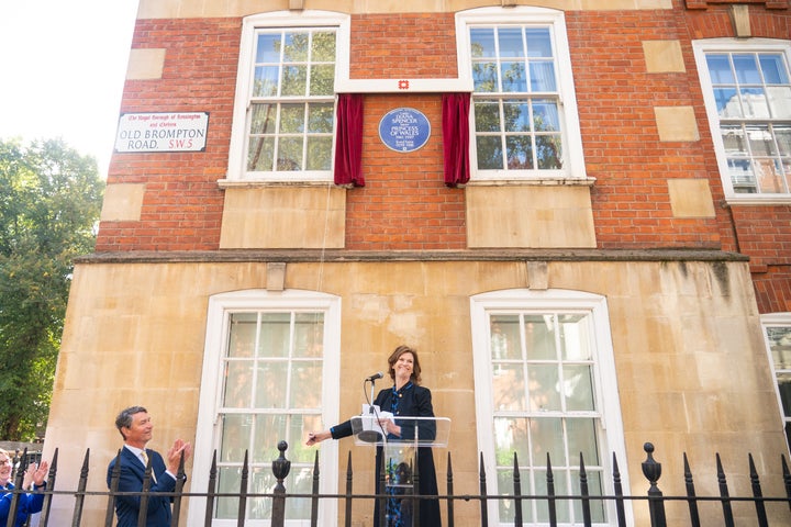 Princess Diana's former flatmate Virginia Clarke and English Heritage chairman Sir Tim Laurence unveil an English Heritage blue plaque to Diana, Princess of Wales.