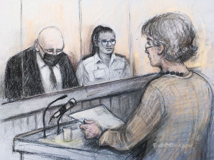 Susan Everard, right, the mother of Sarah Everard, reading a victim impact statement as former Metropolitan Police officer Wayne Couzens, left, sits in the dock at the Old Bailey in London.