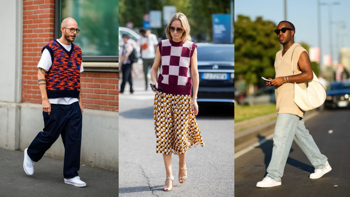 Street style stars showing how to wear a sweater vest.