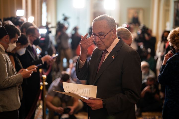 WASHINGTON, DC - SEPTEMBER 28: Senate Majority Leader Chuck Schumer (D-NY) gestures to a staffer after speaking to reporters following a Democratic policy luncheon at the U.S. Capitol on Tuesday, Sept. 28, 2021 in Washington, DC. (Kent Nishimura / Los Angeles Times via Getty Images)