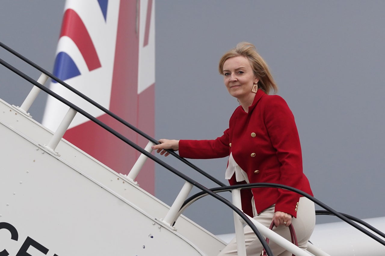 Foreign Secretary Liz Truss boards RAF Voyager at Stansted Airport