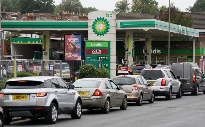 Vehicles queue up outside a BP petrol station in Alton, Hampshire.
