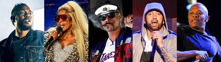 This combination of photos shows, from left, Kendrick Lamar, Mary J. Blige, Snoop Dogg, Eminem and Dr, Dre, who will perform for the first time together on stage at the 2022 Pepsi Super Bowl Halftime Show. NFL, Pepsi and Roc Nation announced Thursday that the five music icons will perform on Feb. 13 at SoFi Stadium in Inglewood, Calif. (AP Photo)