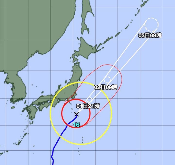 台風16号の経路図（10月1日午前10時の実況）