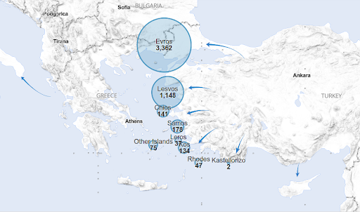 Εικόνα από την διαδραστική επιφάνεια εργασίας της διαδικτυακής πύλης. Εικονίζονται οι ροές από 1/1/2021 έως 31/8/2021.