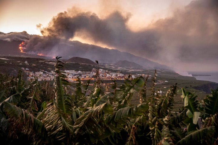 Lava flows from the Cumbre Vieja volcano towards the Atlantic Ocean on Wednesday