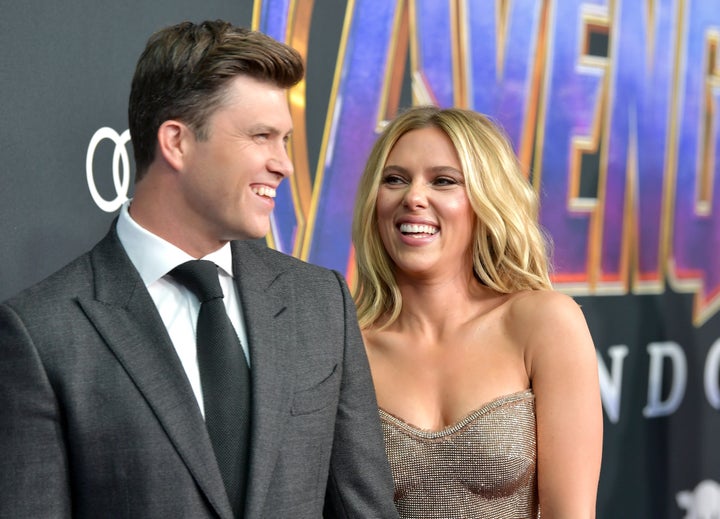 Colin Jost and Scarlett Johansson attend the World Premiere of "Avengers: Endgame" on April 22, 2019 in Los Angeles.