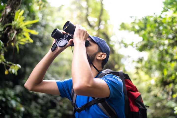 Man using binoculars to admire forest
