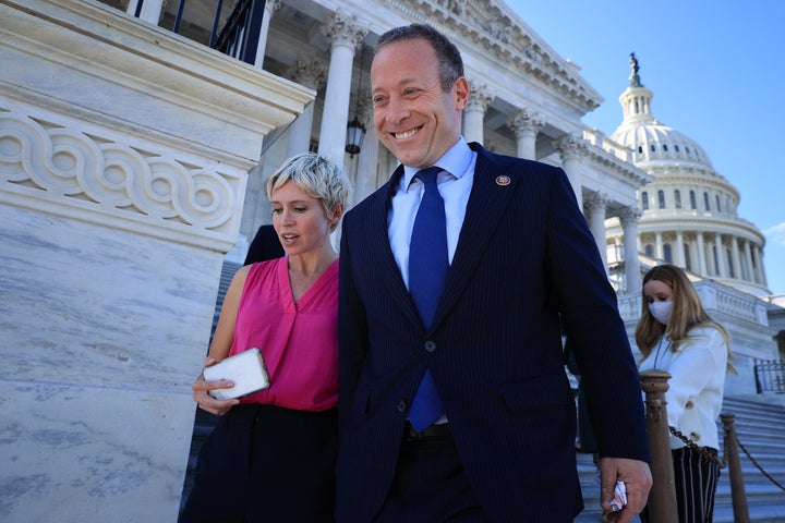 Problem Solvers Caucus Co-Chair Rep. Josh Gottheimer (D-N.J.) is pursued by a group of reporters as he leaves the U.S. Capito