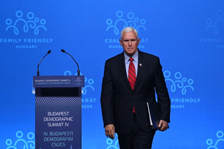 Former U.S. Vice President Mike Pence after giving a speech during the fourth Demographic Summit in Budapest, Hungary, on Sept. 23, 2021.
