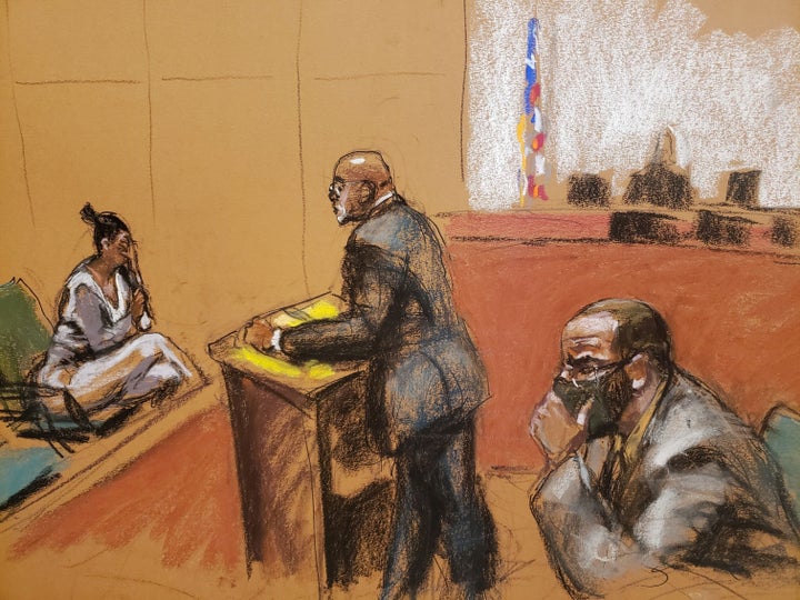 Jane Doe #5 is cross examined by Deveraux Cannick as she testifies during R. Kelly's sex abuse trial at Brooklyn's Federal Di