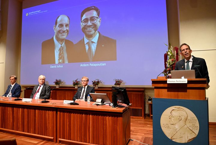 Thomas Perlmann (R), the Secretary of the Nobel Committee, stands next to a screen displaying the winners of the 2021 Nobel Prize in Physiology or Medicine David Julius (L) and Ardem Patapoutian, during a press conference Monday.
