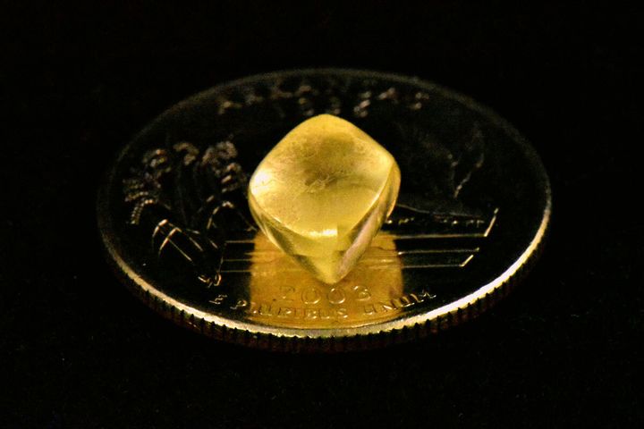 A cleaned-up photo of raw 4.38-carat diamond found in Crater of Diamonds State Park in Arkansas.