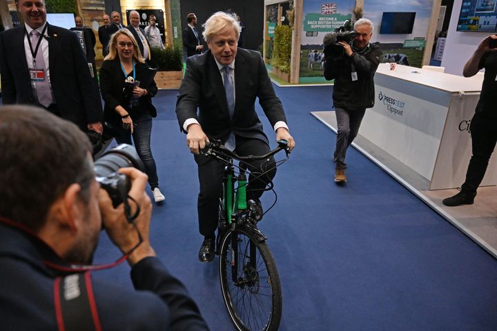 Boris Johnson on an e-Bike. Bikes are a recurring theme among Conservatives.