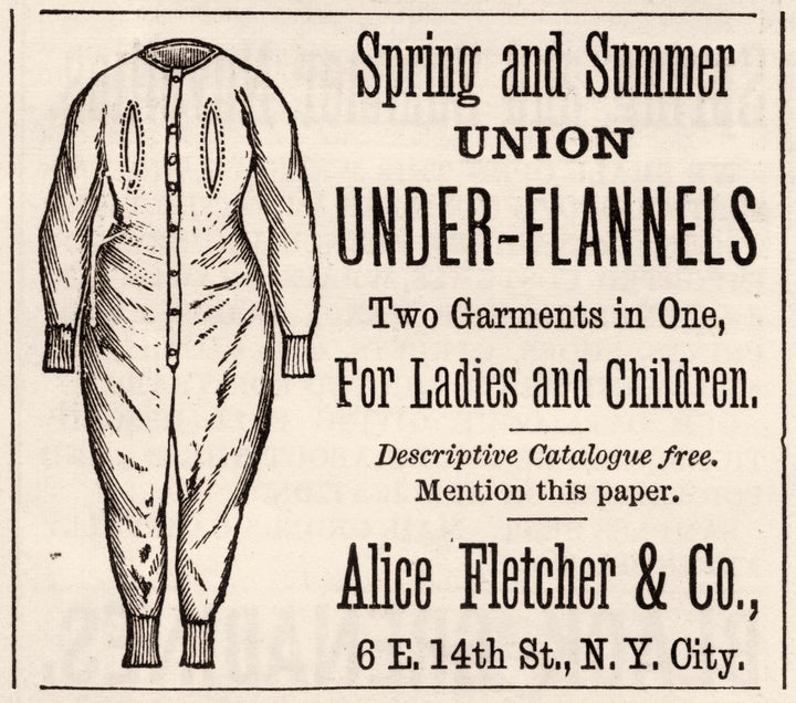 Advertisement for Union Under-Flannels underwear (also known as a union suit). The ad originally appeared in Harper's Bazaar magazine in 1879.