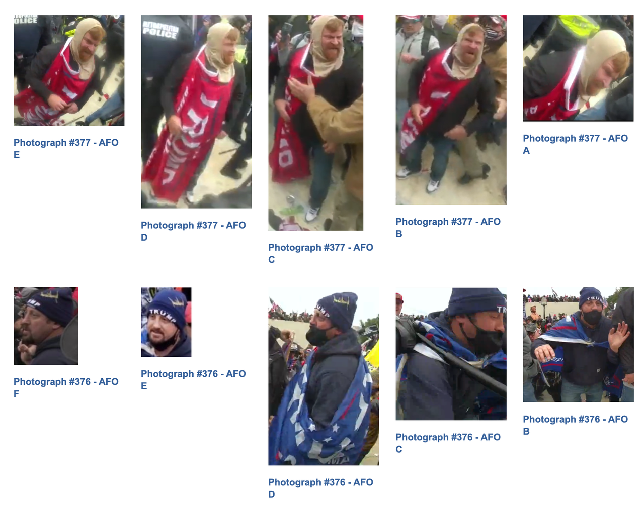 Images on the FBI's website of Trump supporters wanted for assaulting federal officers on Jan. 6.