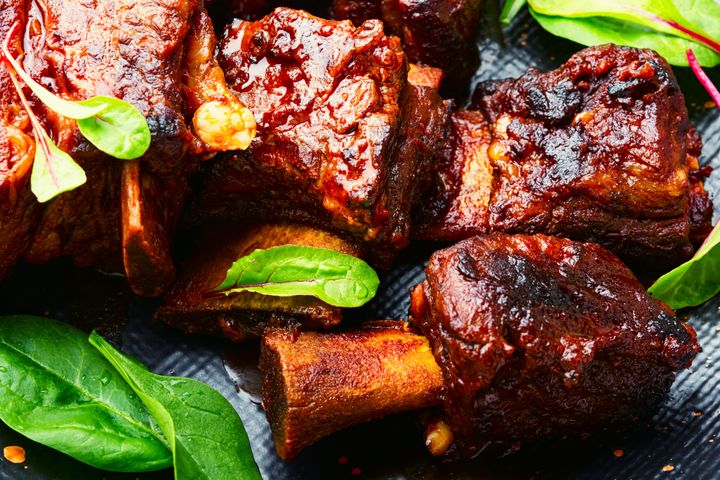 Tasty BBQ beef ribs seasoned with spicy sauce.Veal ribs