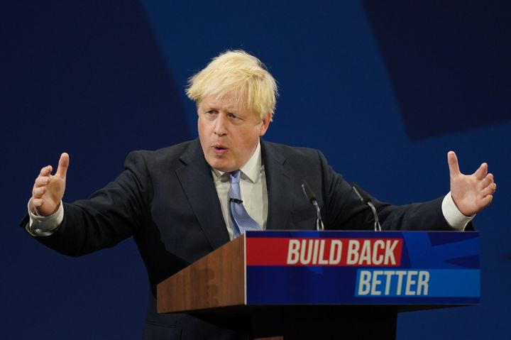 Prime Minister Boris Johnson delivers his keynote speech to the Conservative Party Conference in Manchester. Picture date: Wednesday October 6, 2021. (Photo by Jacob King/PA Images via Getty Images)