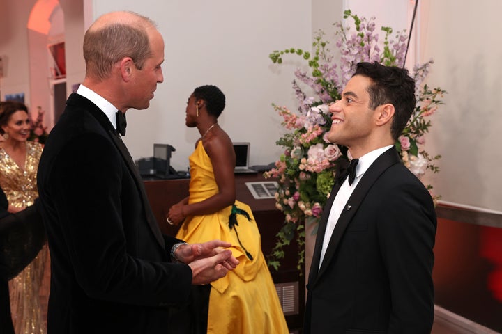 Prince William meets some of the actors, including Rami Malek, at the "No time to die" world premiere at the Royal Albert Hall on S