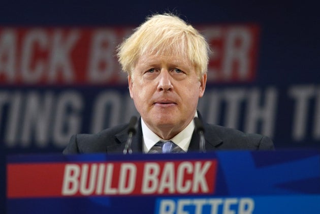 Boris Johnson delivers his leader's keynote speech during the Conservative Party