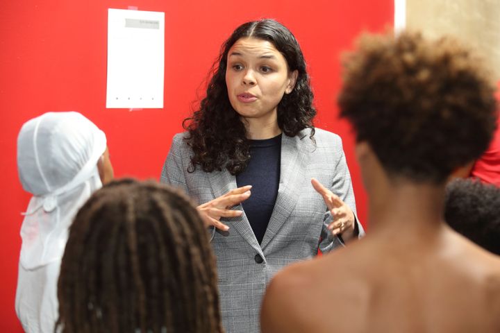 Morgan Harper speaks to anti-violence activists in March 2020. She is running against Ryan from the left in the Senate Democratic primary.