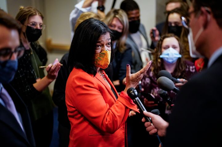 Rep. Pramila Jayapal (D-Wash.) talks to reporters on Capitol Hill on Friday, Oct. 1. Under her leadership, the Congressional Progressive Caucus is flexing its muscles.